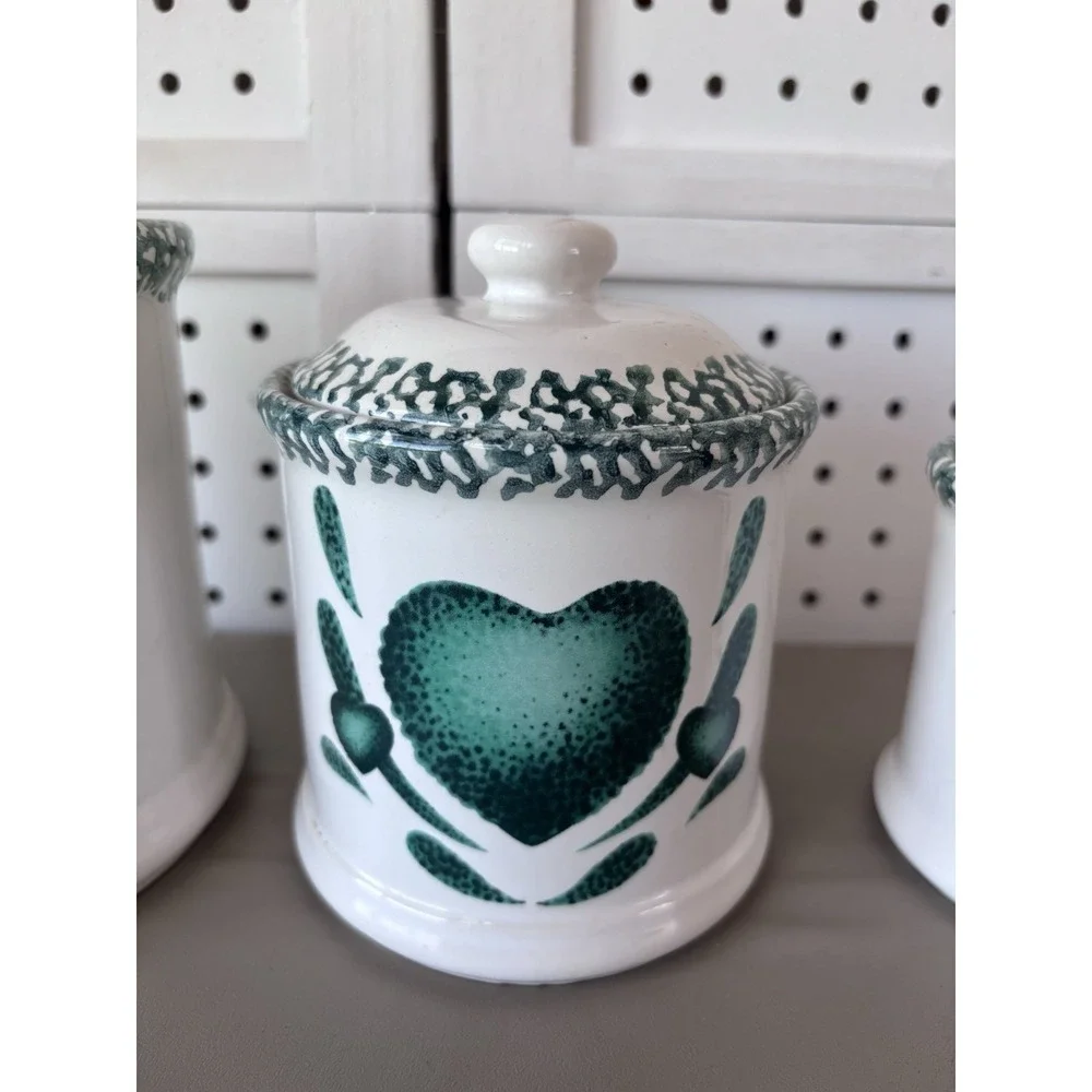 Corelle Canister Set 3pc Green Hearts Sponge Ceramic Farmhouse Cottagecore